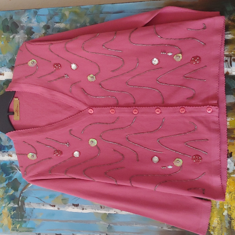 Vtg Monte Carlo Embellished Cardigan, Beads Sequins, Embroidery Ruffles P2P 19.5